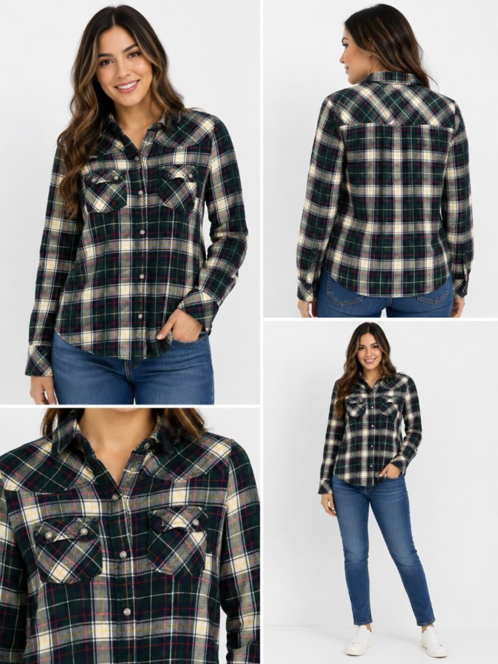 Love Notes Plaid Button Up Shirt Size S Green Navy Red White